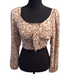 Altar'd State floral Crop Top Tie Front Long Sleeve XS Off Shoulder